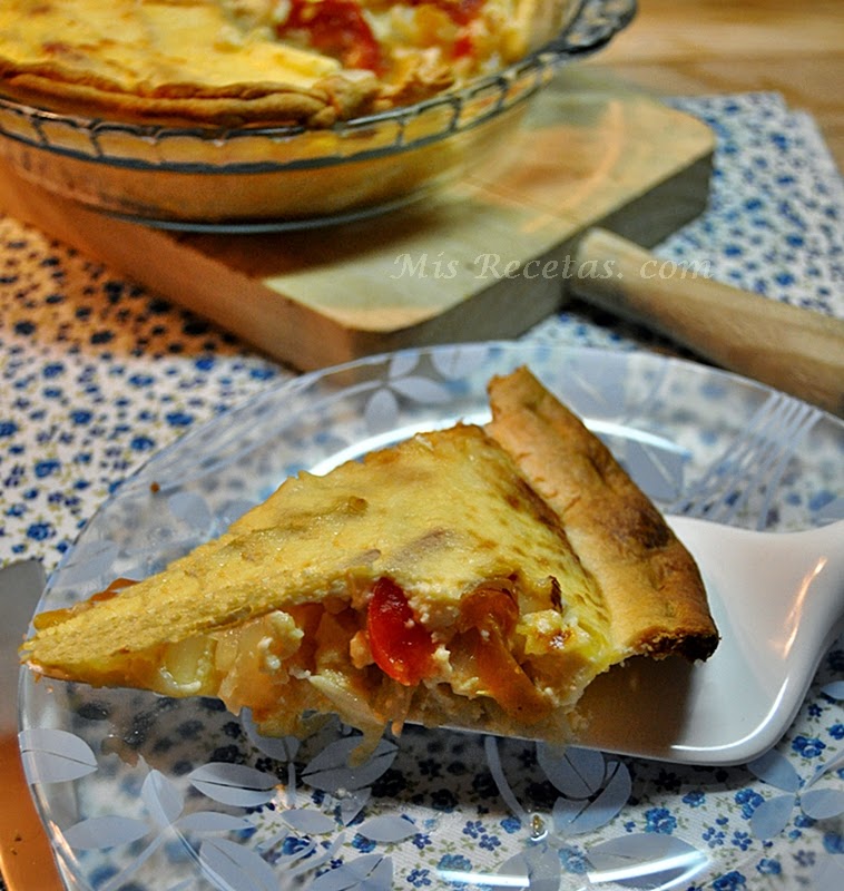 Onion quiche and caramelized peppers